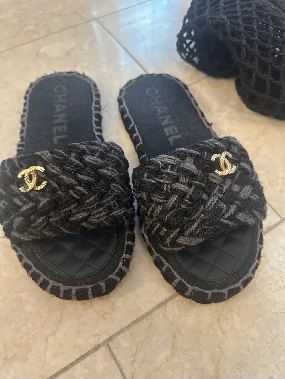 CHANEL Black Braided Slide Sandals with Gold CC Emblem